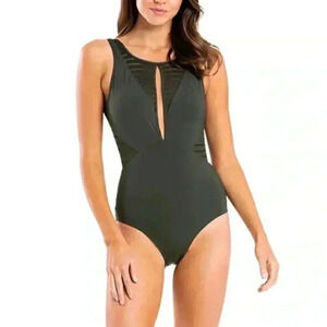 New JETS Jessica Allen One Piece Swimsuit Khaki High Neck Sz 8